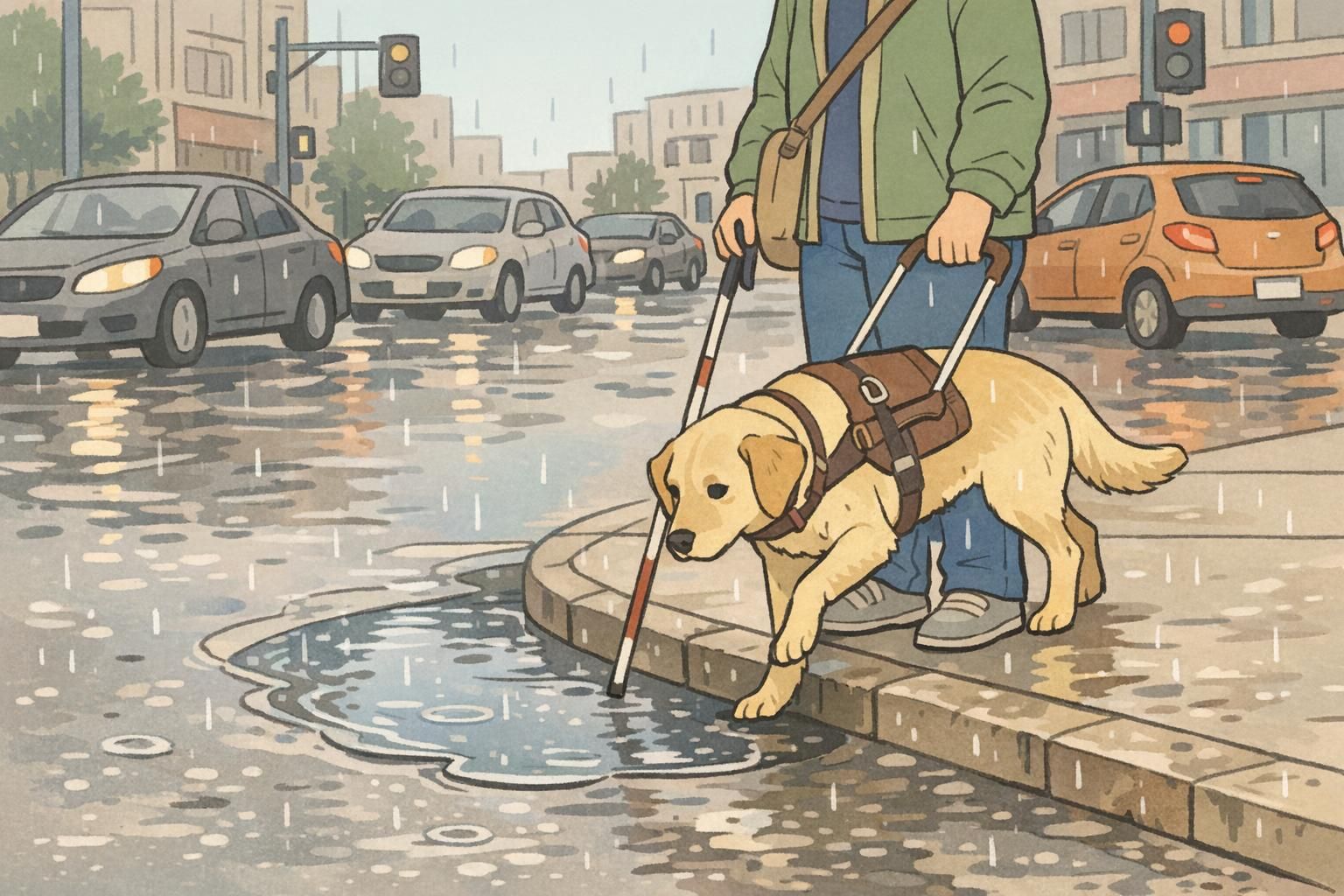 A rainy city curb where a guide dog and handler pause at an intersection, the dog angled to steer around a puddle as cars pass slowly in the background.