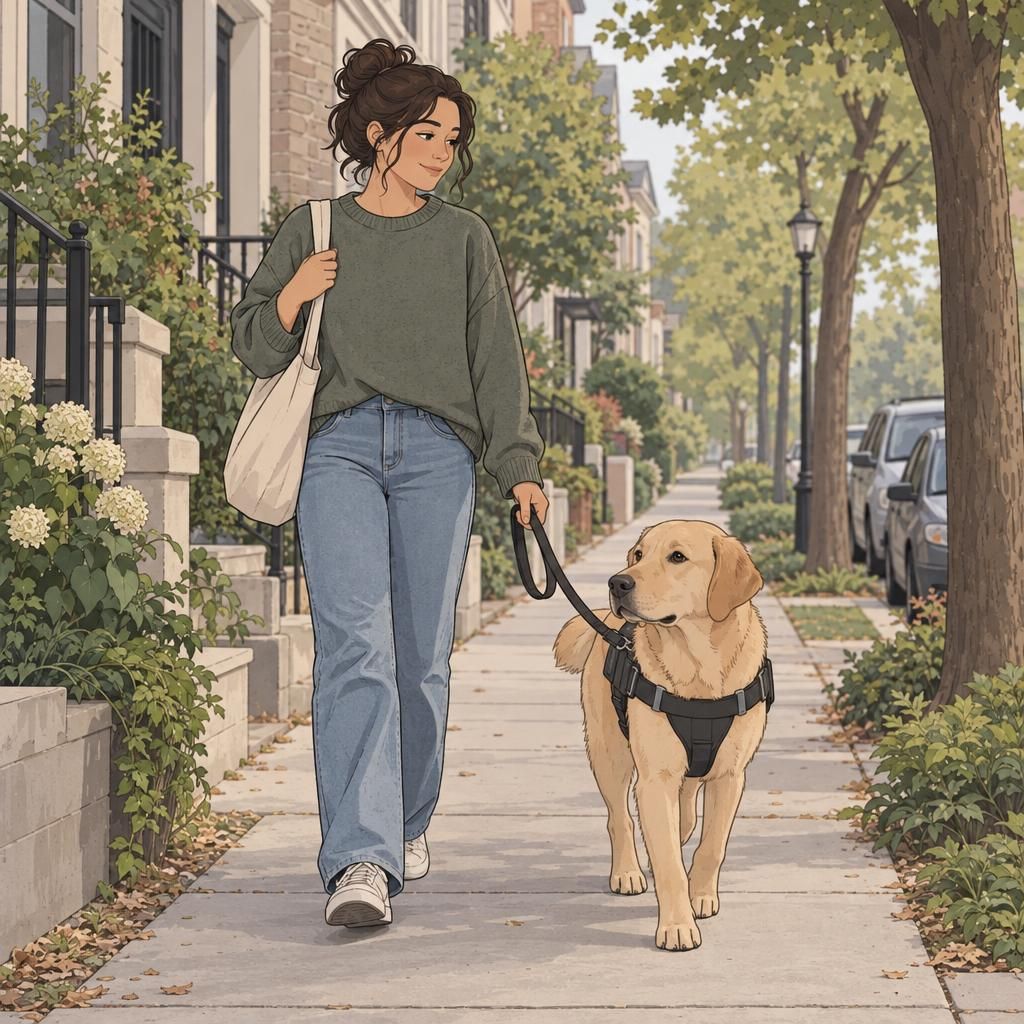 A handler walks with a service dog wearing a plain working harness on a quiet neighborhood sidewalk.