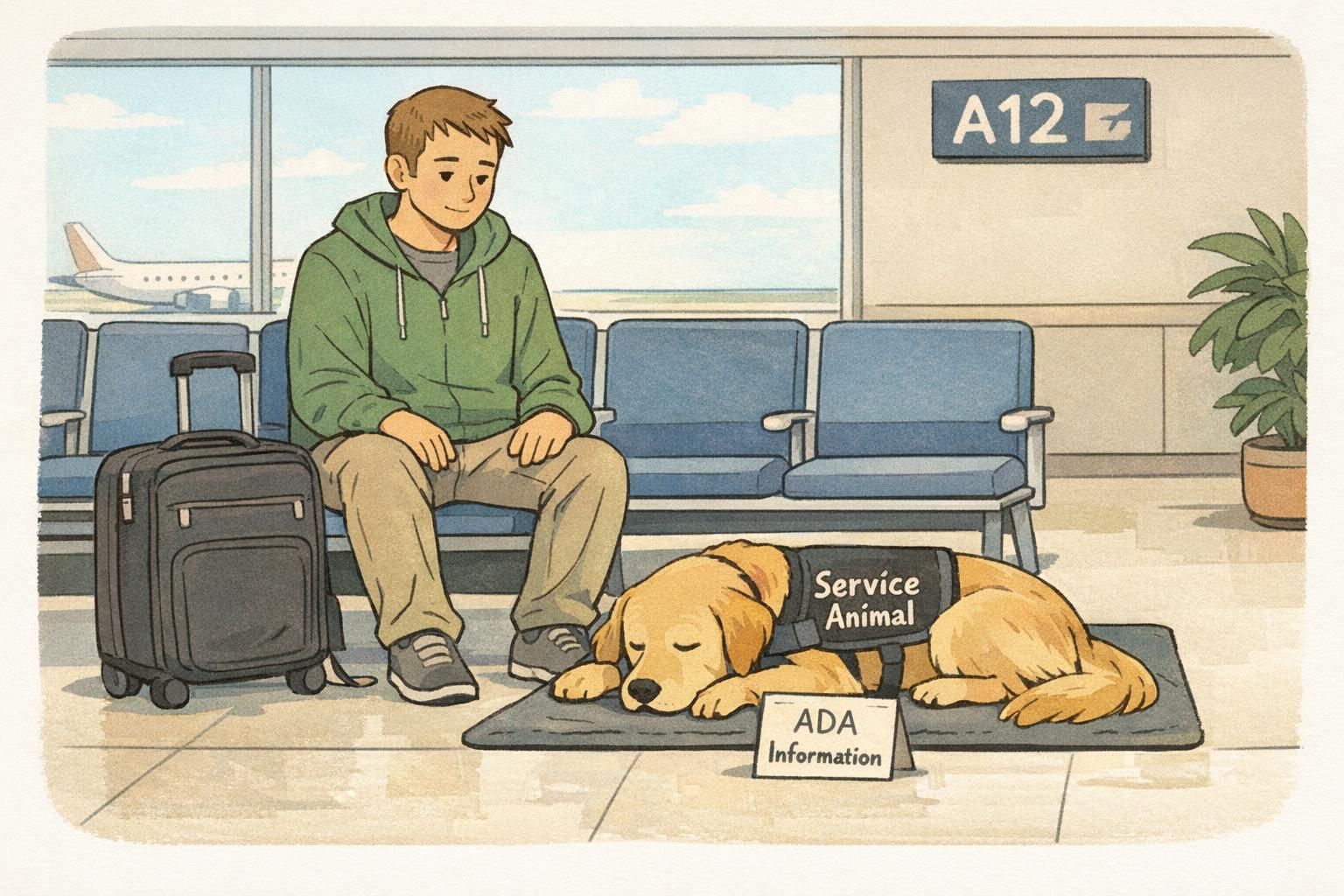 Calm airport gate scene with a handler seated and a service animal resting on a mat beside carry-on luggage and a visible ADA information card for travel preparedness.