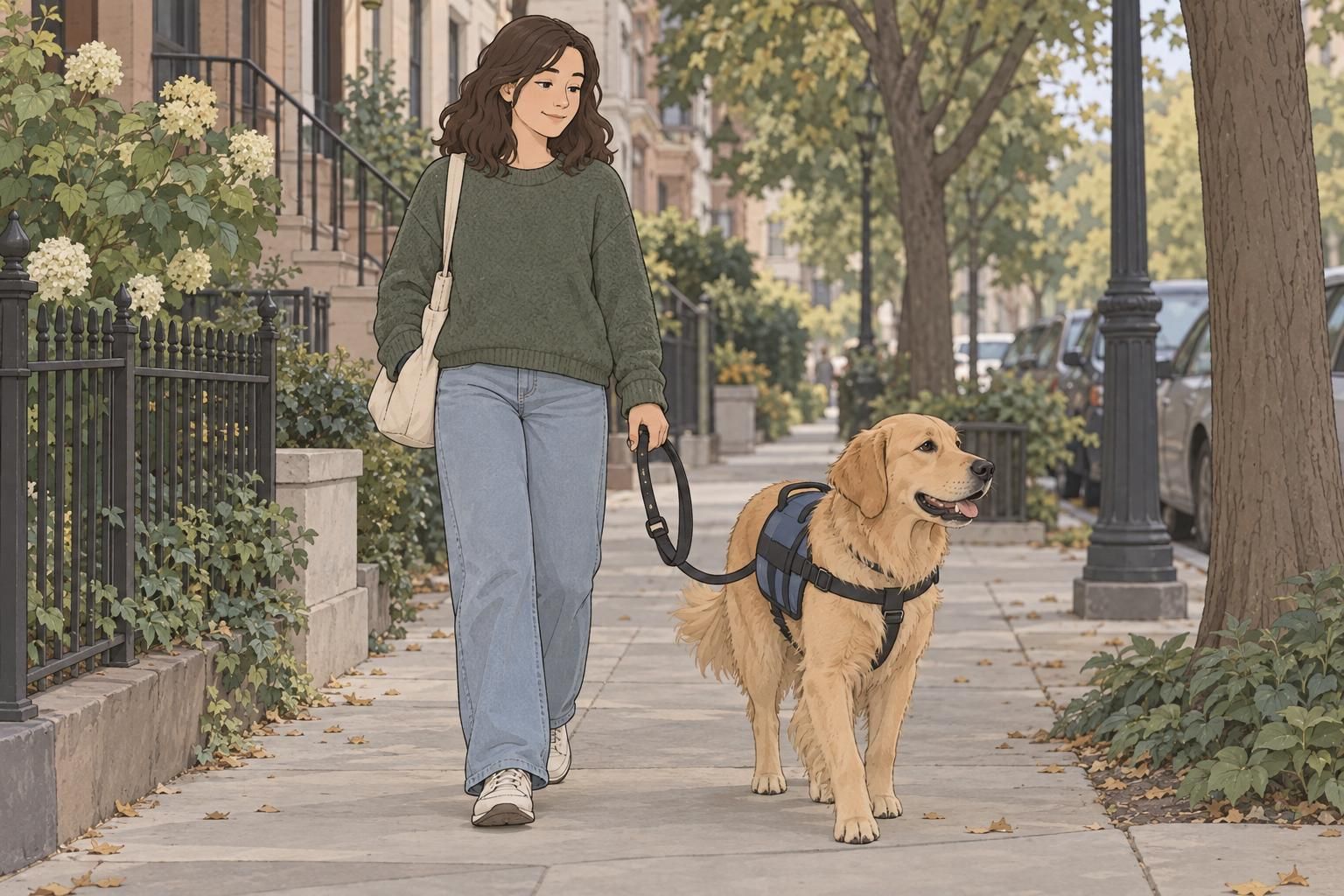 A handler walks a service dog on a quiet sidewalk using a relaxed leash and comfortable secondary handle.
