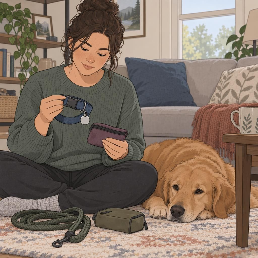 A handler checks a dog collar, blank identification tag, and small pouch while their medical alert dog rests nearby at home.