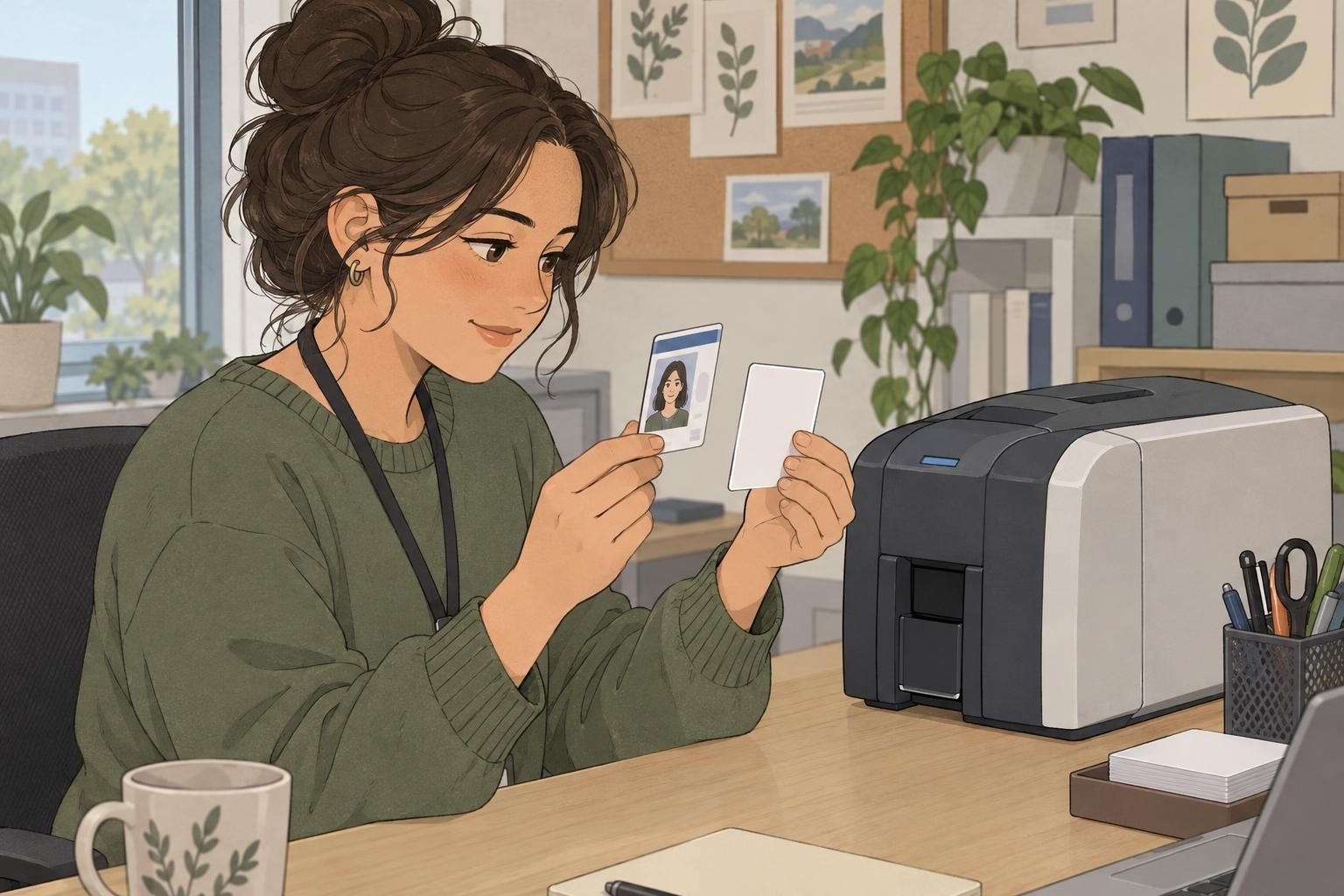 A badge coordinator checks the alignment of an ID card beside a desktop printer.