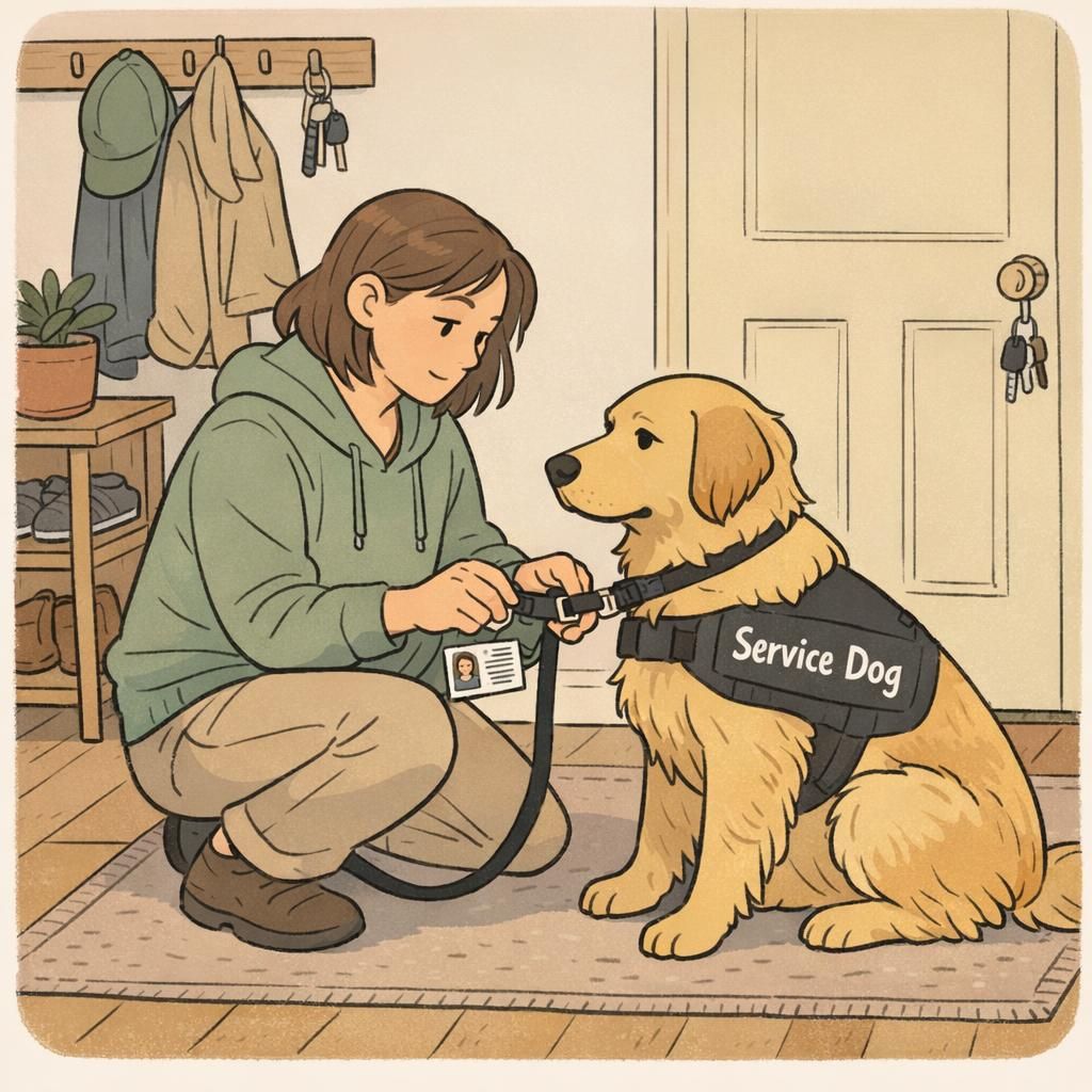 A handler in a home entryway clips a leash onto a working dog while briefly showing a small identification card; the dog wears a simple working-animal vest.