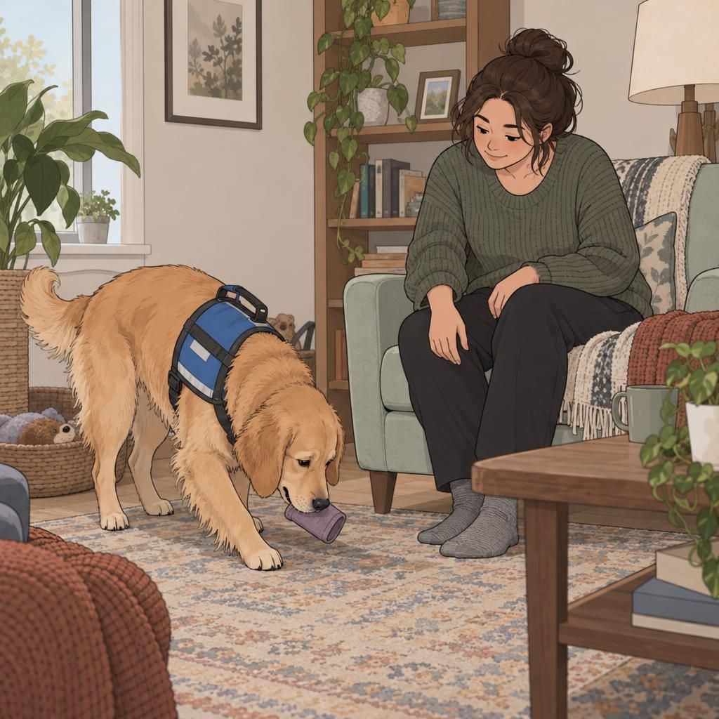 A service dog retrieves a dropped item beside its handler’s chair during a quiet moment at home.