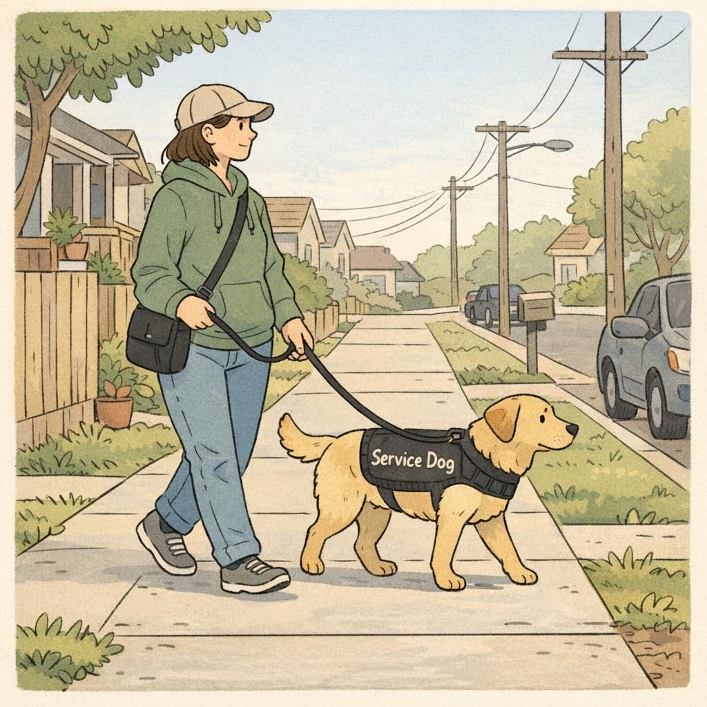 A service dog handler walks a calm adult dog along a neighborhood sidewalk at morning light; the dog wears a visible service vest and stays attentive at heel.