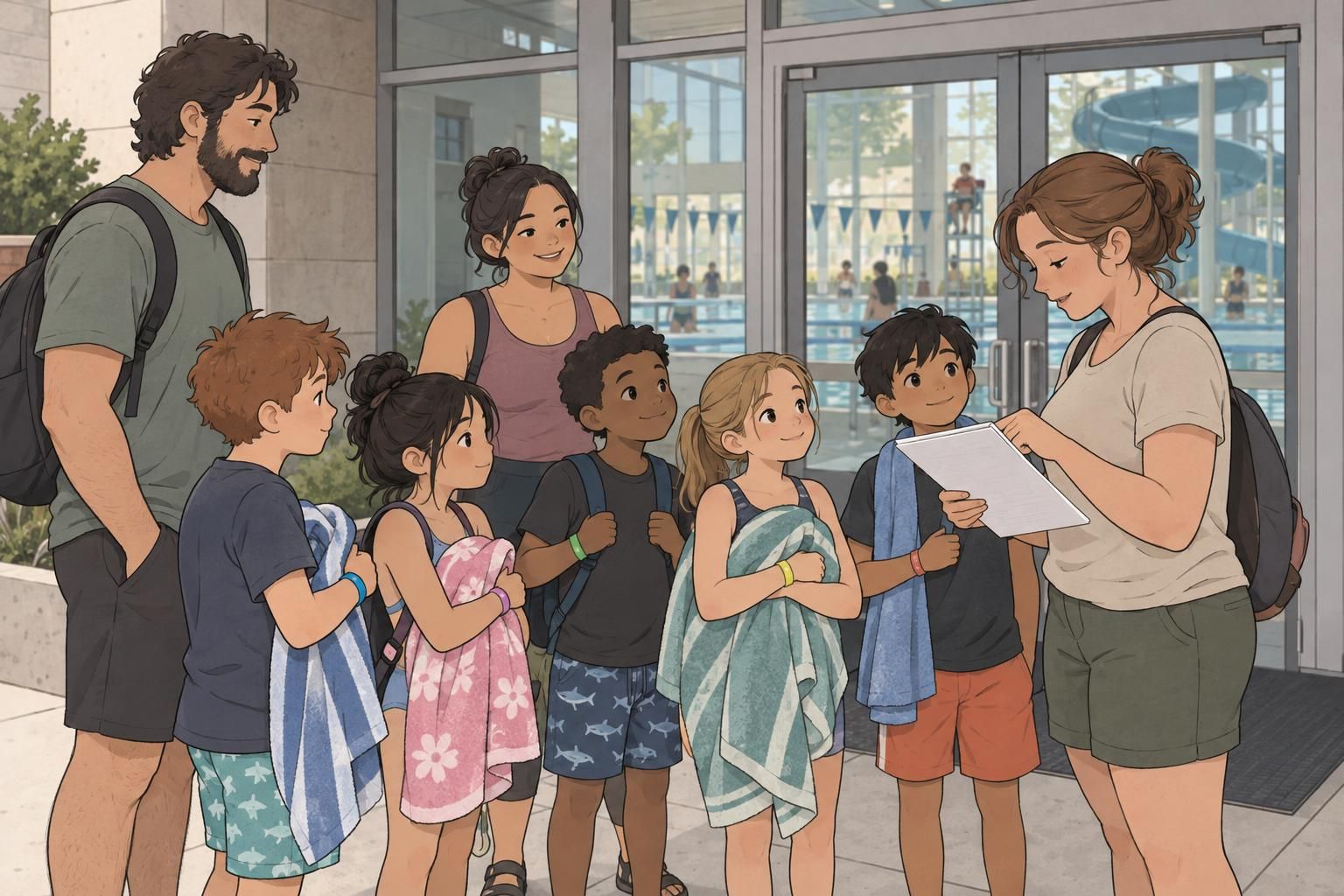 Chaperones and children pause outside a swimming facility to review an activity plan, with children wearing wristbands and no neck-worn IDs.