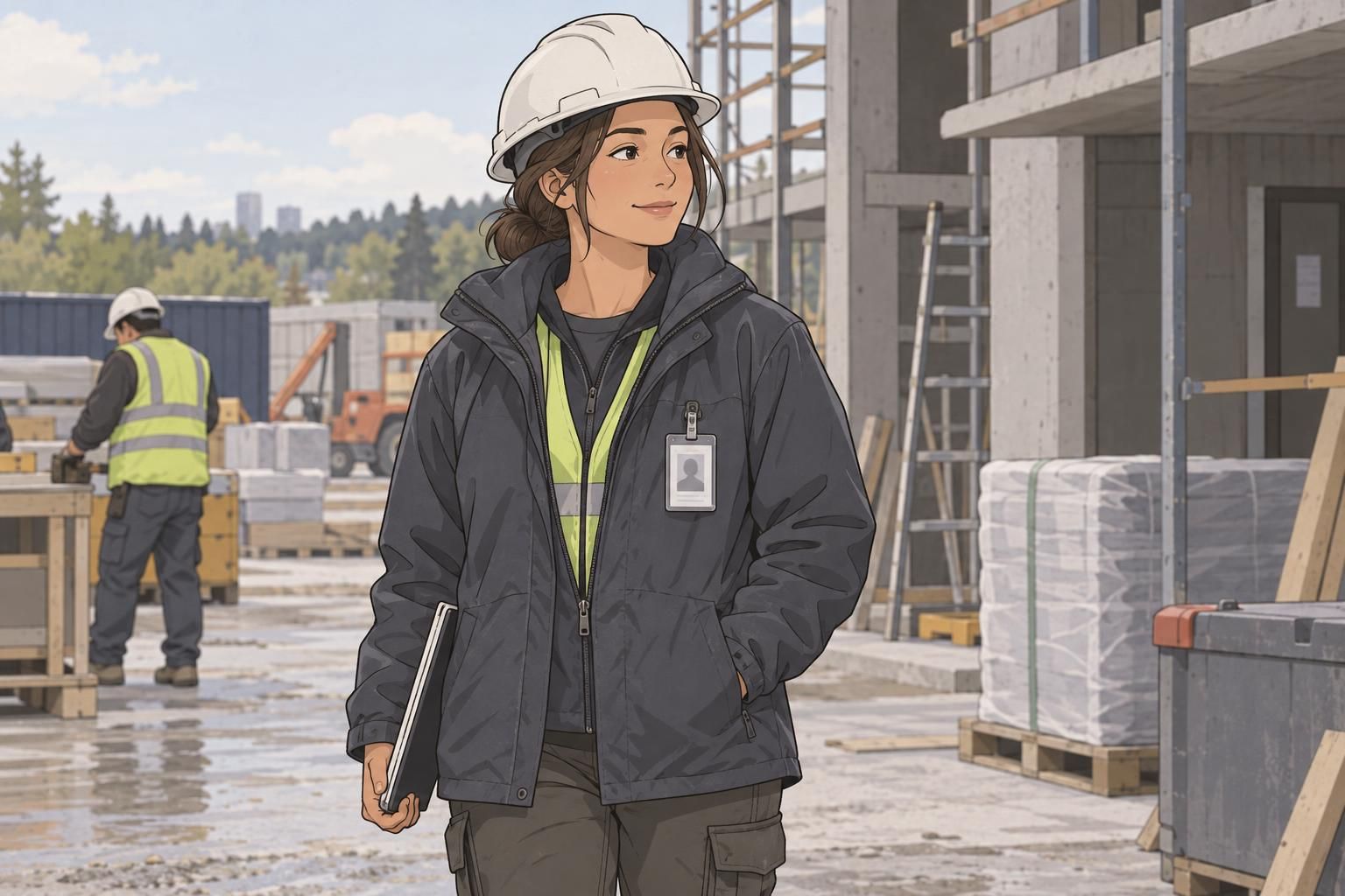 Site coordinator handing a new worker an ID badge during orientation at a construction site.