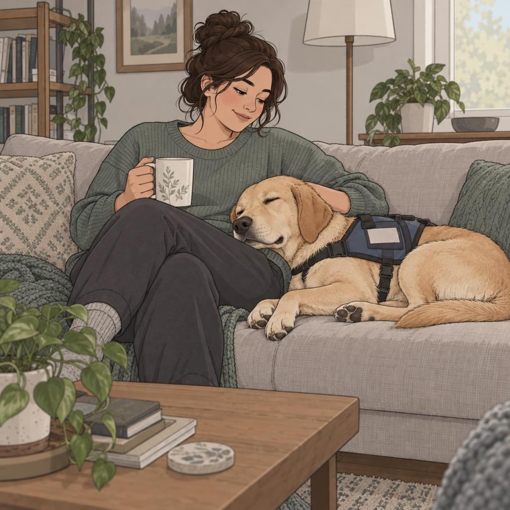 An adult relaxes at home with an anxiety service dog leaning gently beside them on the sofa.