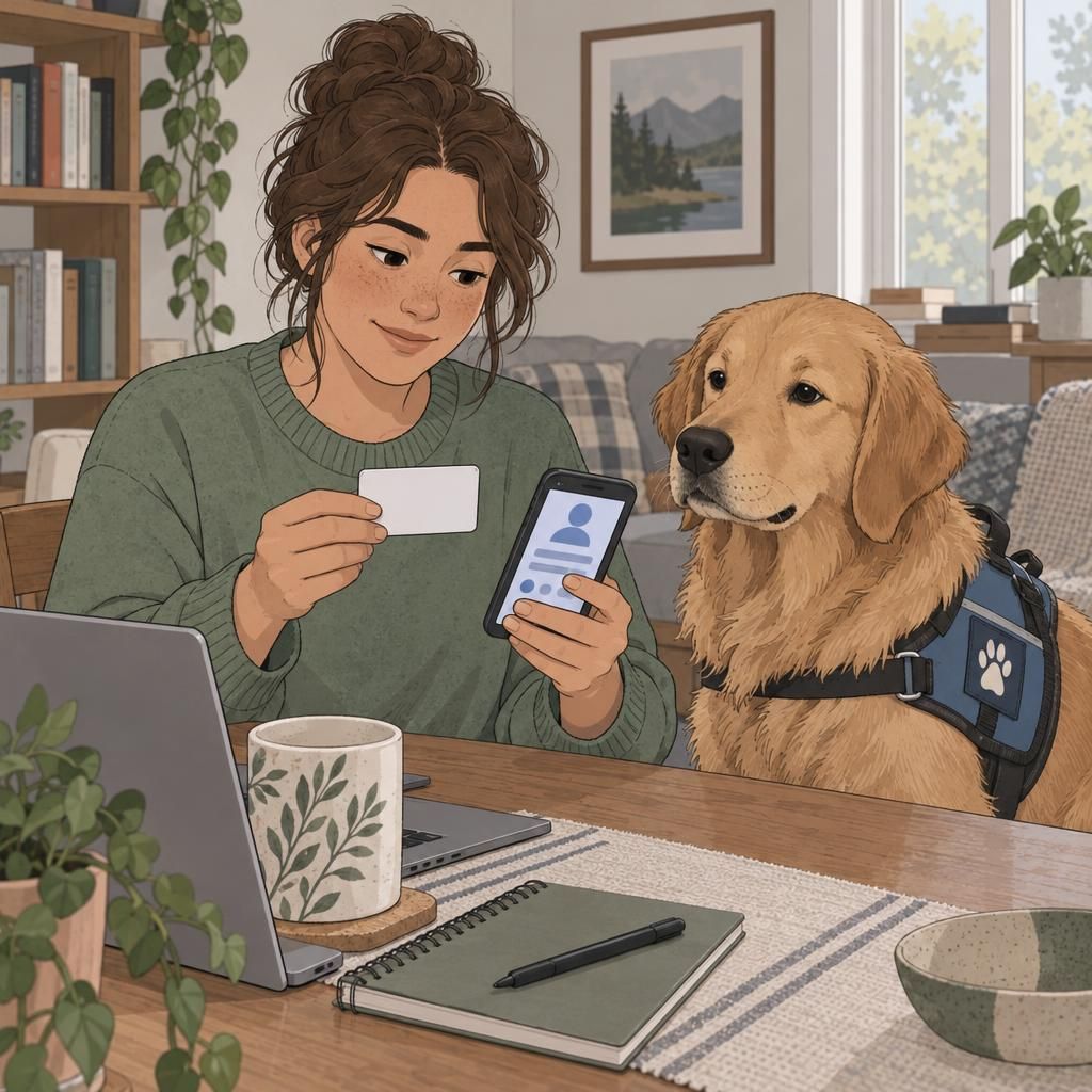 A handler reviews service dog identification information on a phone and blank card at home with their dog sitting beside them.