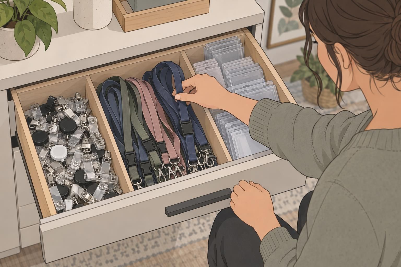 Badge clips, lanyards, and card holders sit in separate drawer compartments for organized storage and quick access.