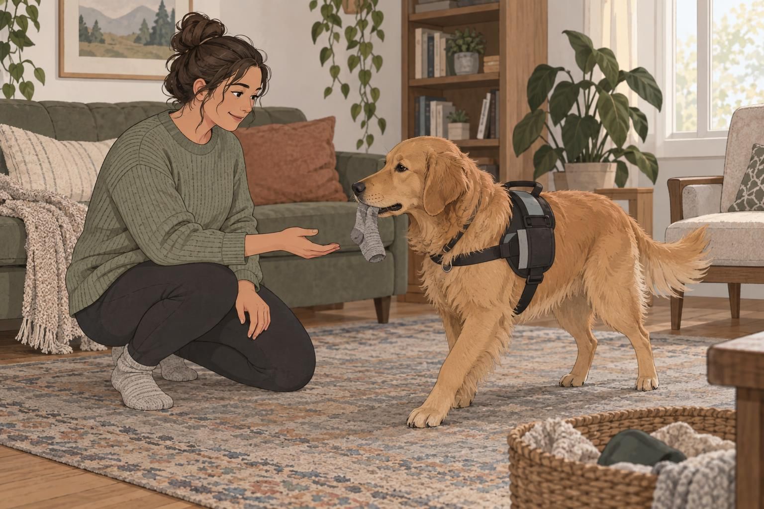 A handler practices a trained service dog task at home with an unmarked household object.