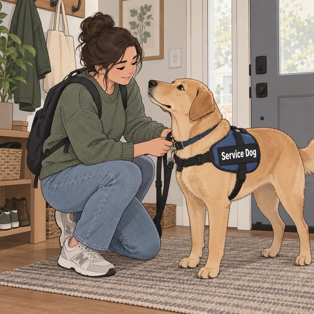 A handler prepares to go out with a service dog wearing a comfortable, clearly labeled vest.