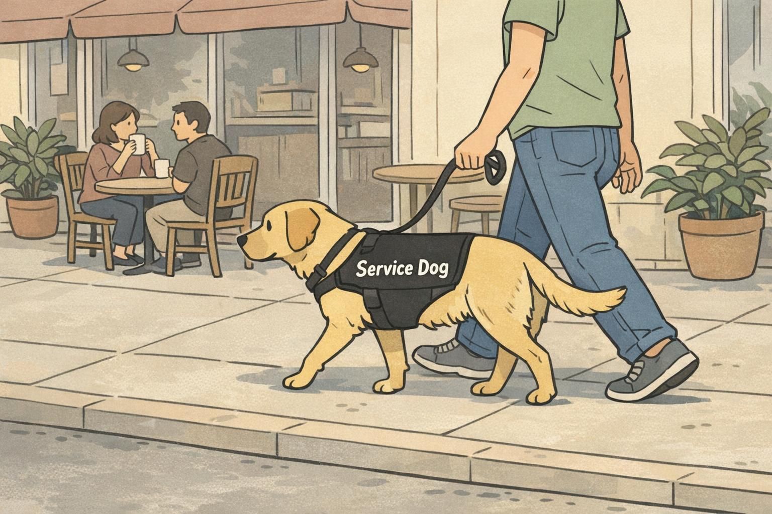 A focused service dog walks calmly beside its handler on a sunny sidewalk outside a neighborhood cafe, demonstrating good public-access behavior.