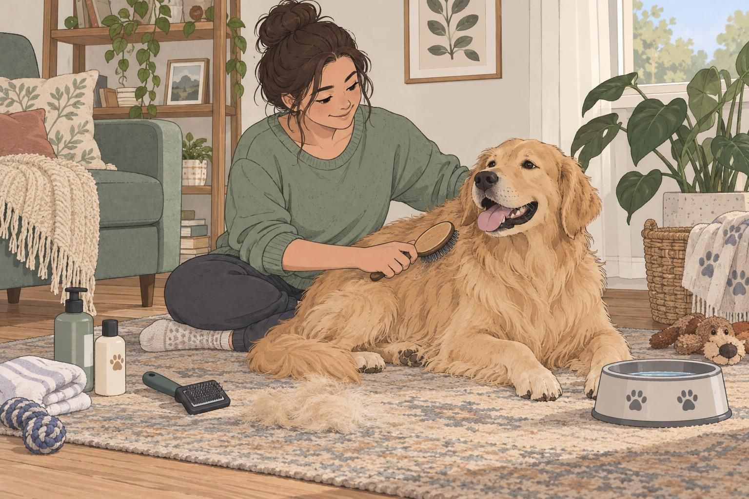A person brushes their dog at home beside a water bowl and grooming supplies, showing everyday service dog care.