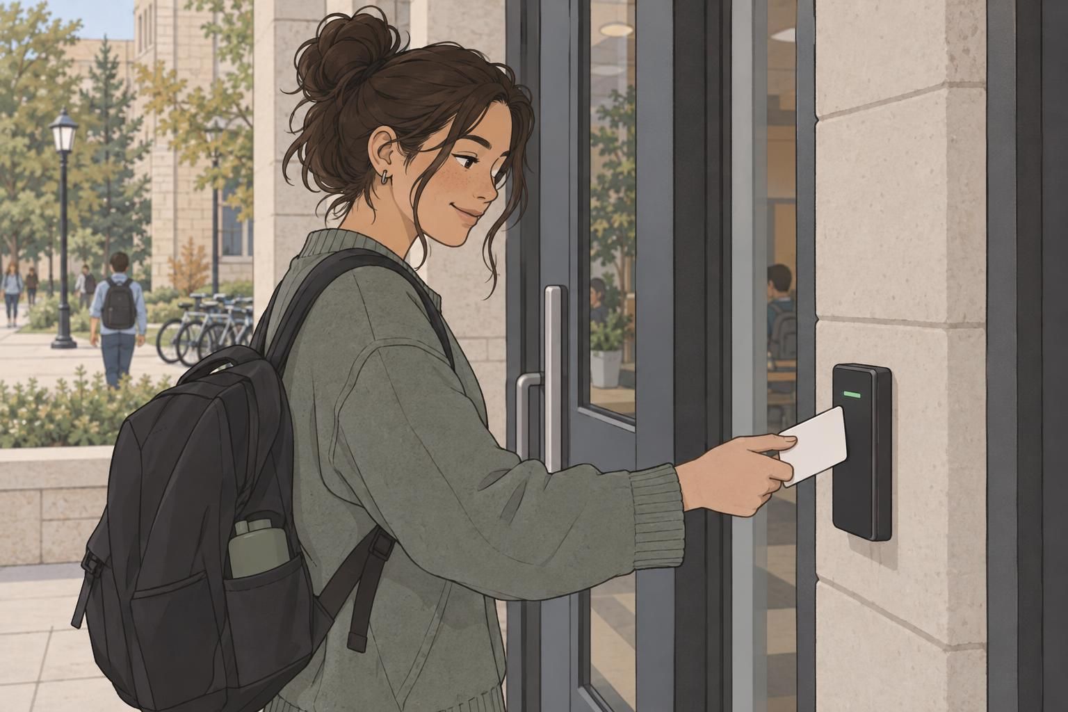 A student taps a campus ID card at a building entrance reader.