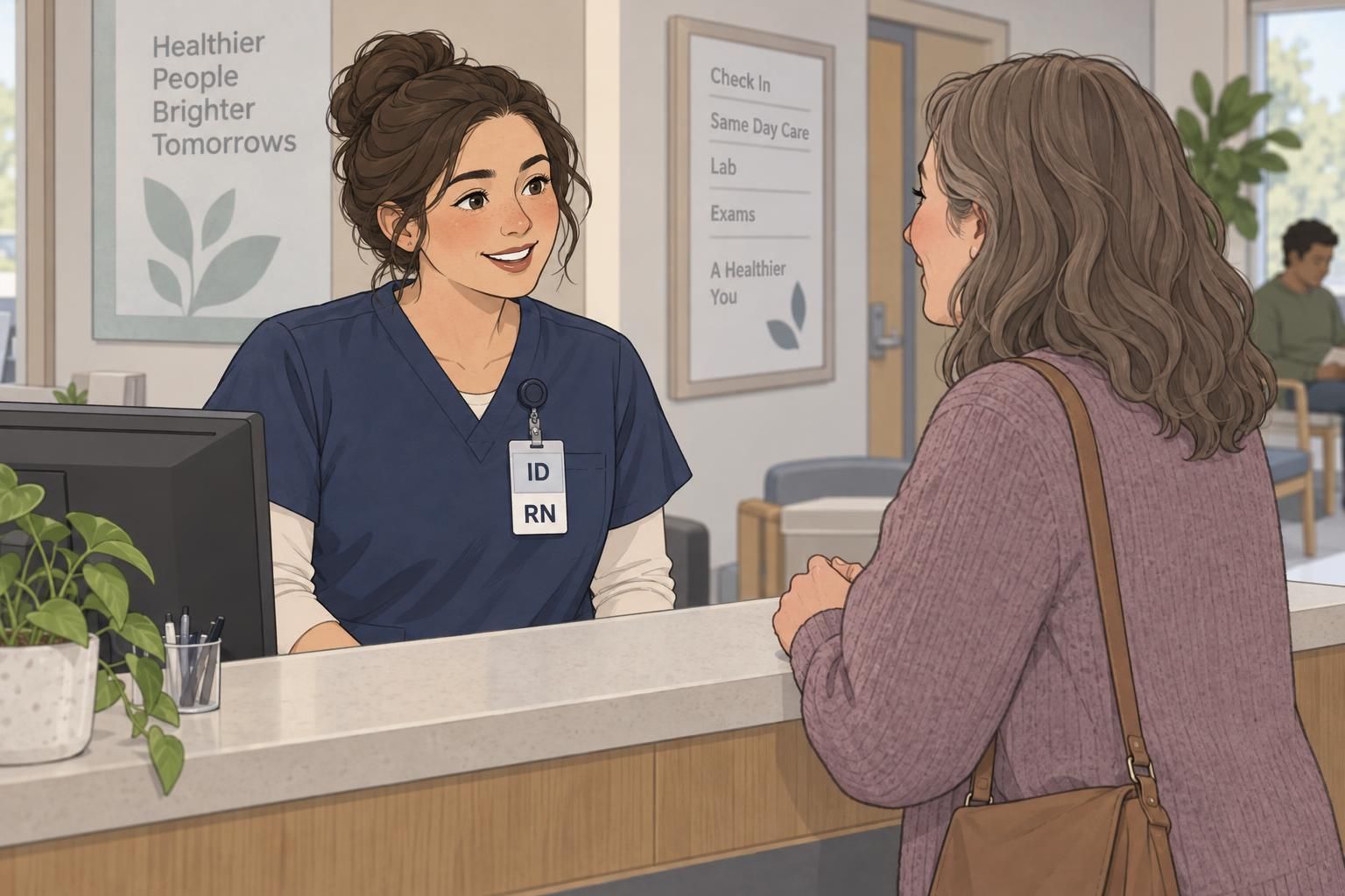 A school administrator wearing a STAFF ID badge welcomes a visitor near a classroom.