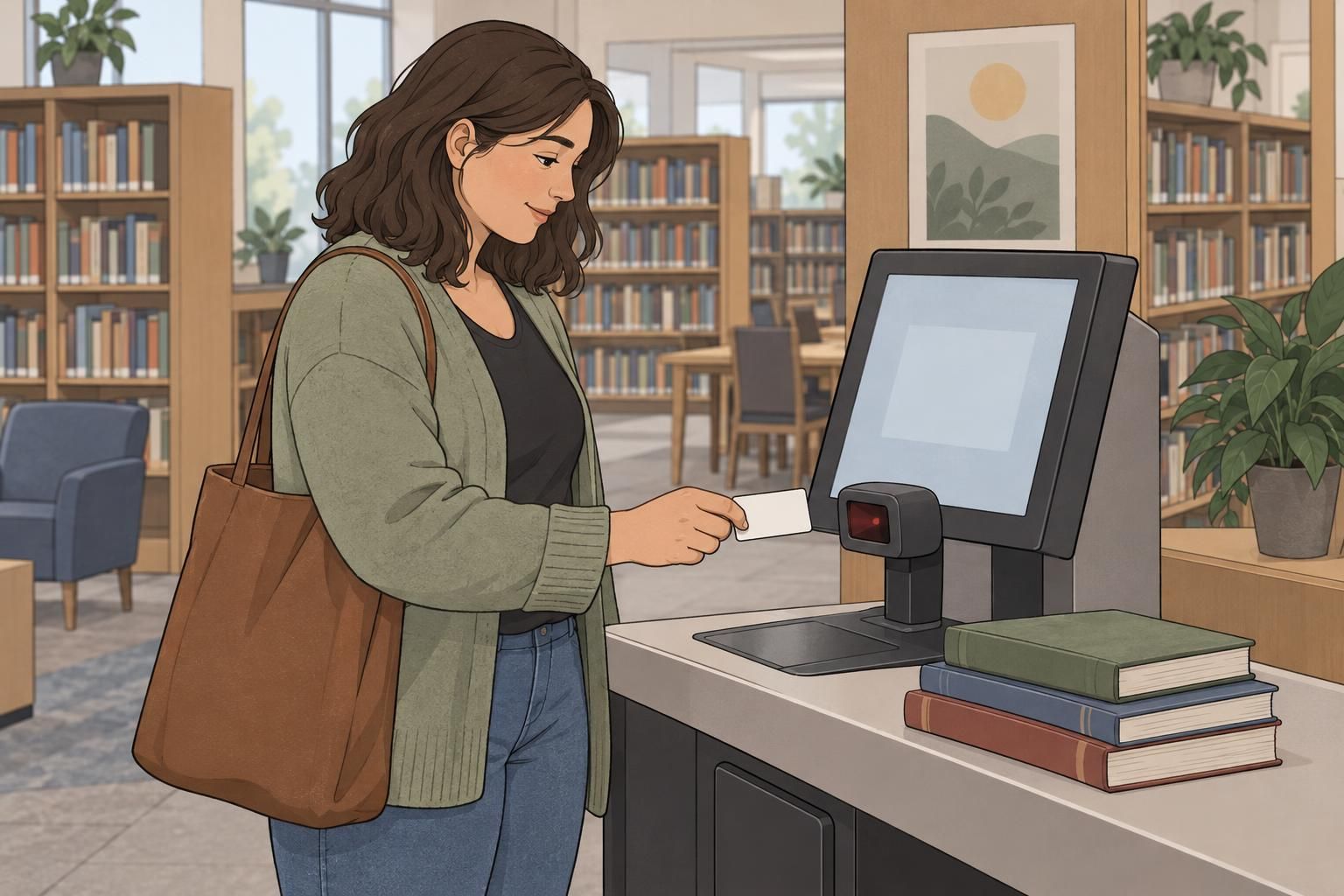 A library member checks a blank library card ID beside a self-service checkout scanner.