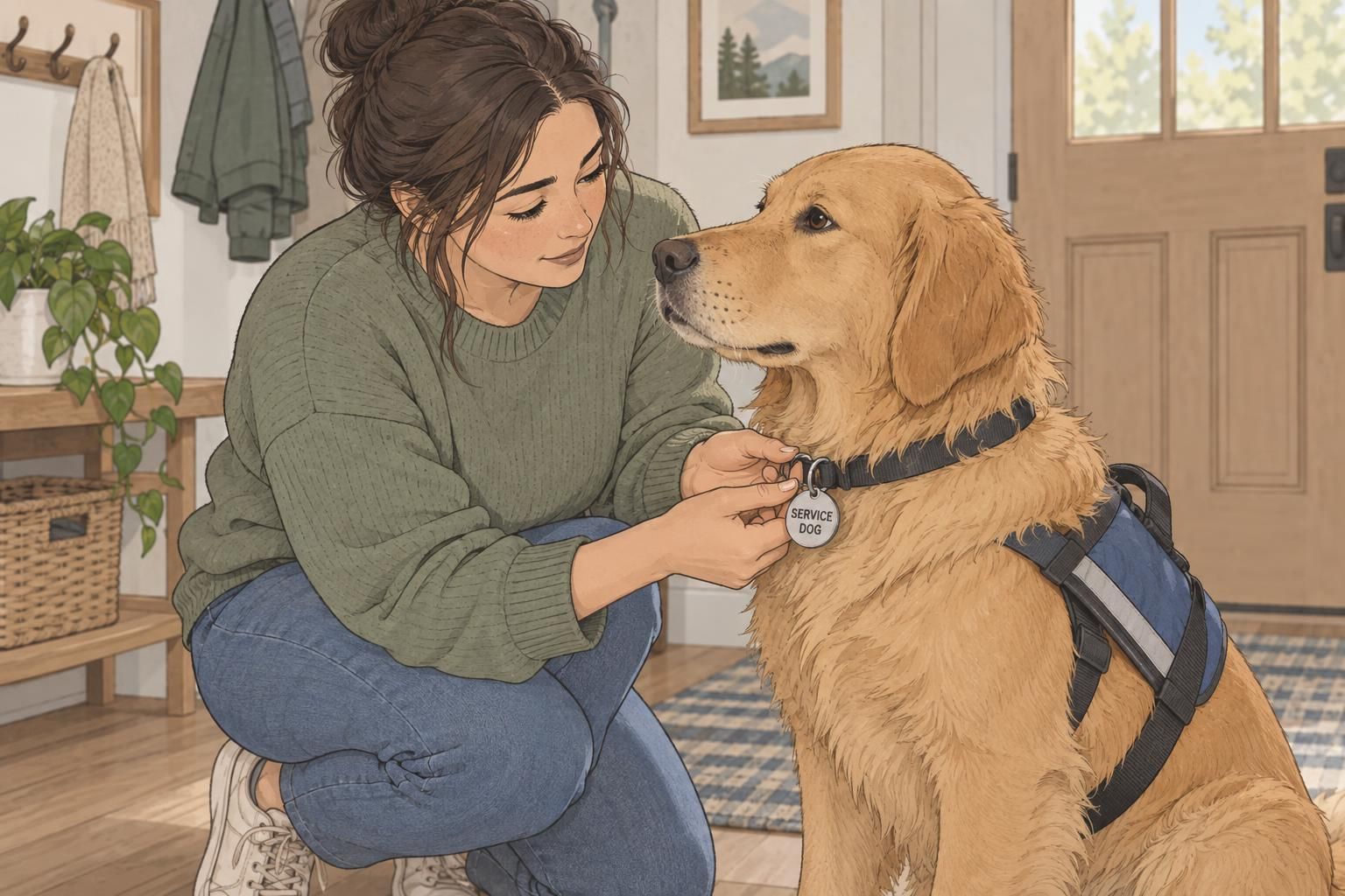 A handler checks the attachment ring and readable role label on a service dog's collar tag.